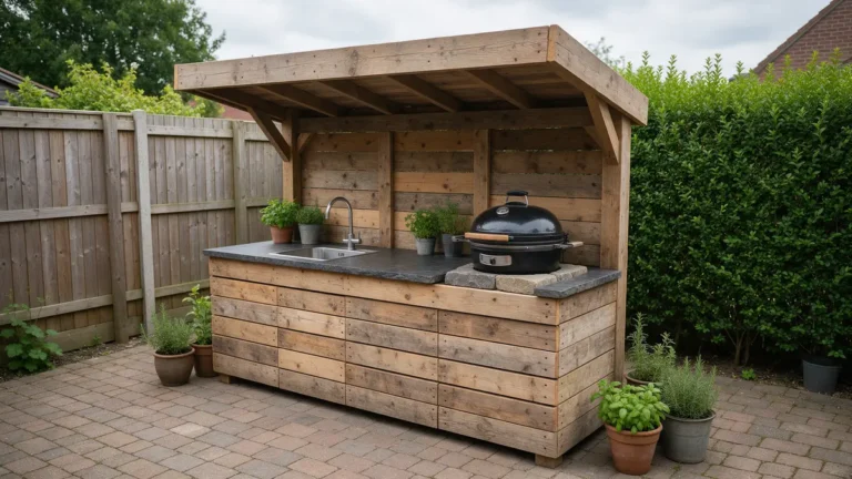 Buitenkeuken van steigerhout met stenen werkblad, spoelbak en barbecue onder een houten overkapping in een tuin