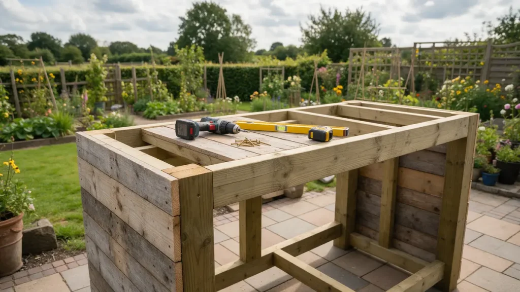 Half gebouwd frame van een steigerhouten buitenkeuken met boormachine, schroeven en waterpas in de tuin