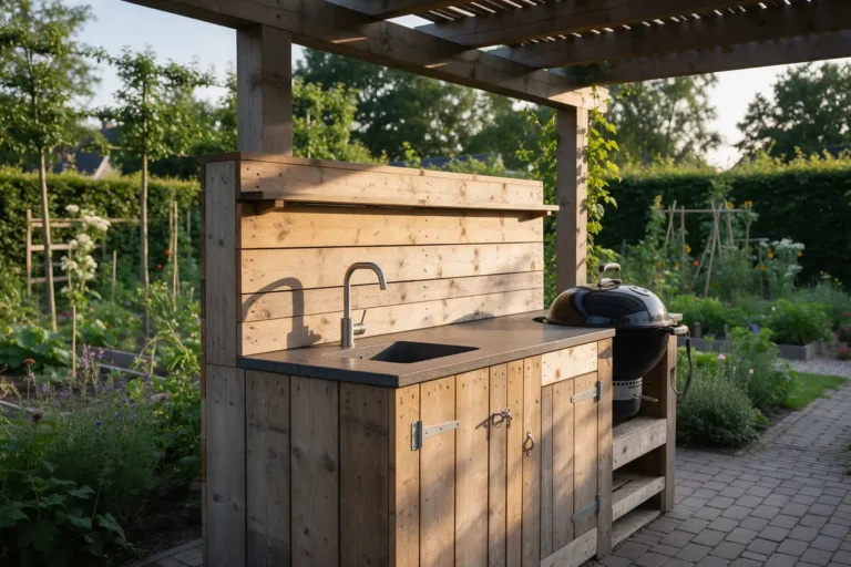Buitenkeuken van steigerhout met werkblad en barbecue in de tuin