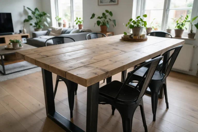 Steigerhouten eettafel met zwarte stoelen in een lichte woonkamer