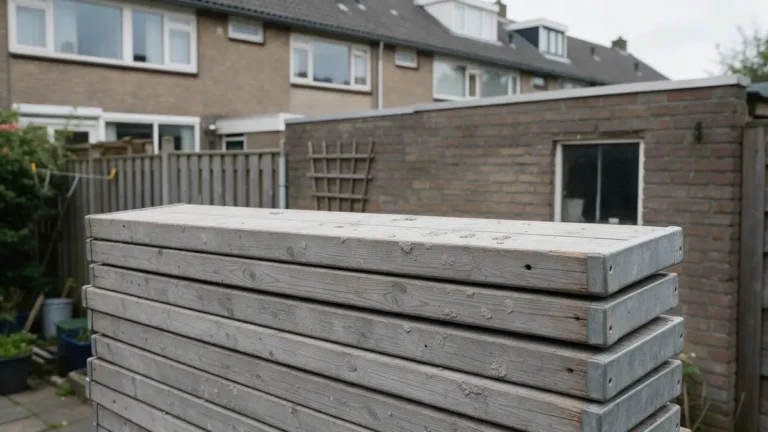 Stapel gebruikte vuren steigerplanken met stalen kopbeslag en cementresten in een Nederlandse achtertuin