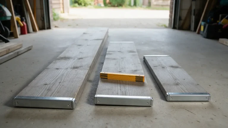 Drie losse vuren steigerplanken met stalen kopbeslag en een duimstok op de vloer van een garage