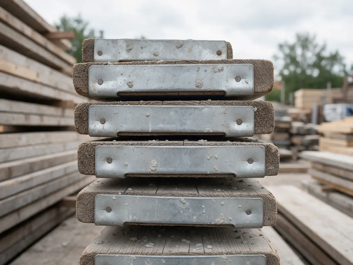 Uiteinden van oude steigerplanken met verzinkt stalen kopbeslag