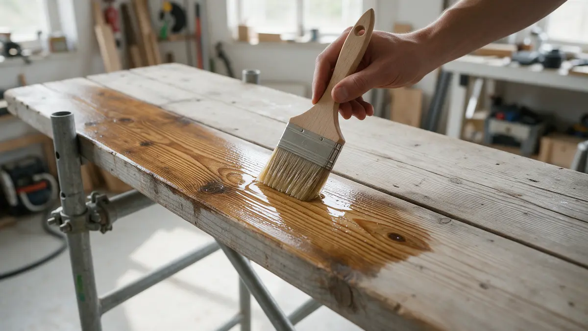 Steigerhouten tafelblad wordt met een kwast behandeld met houtolie, de geoliede helft is donkerder