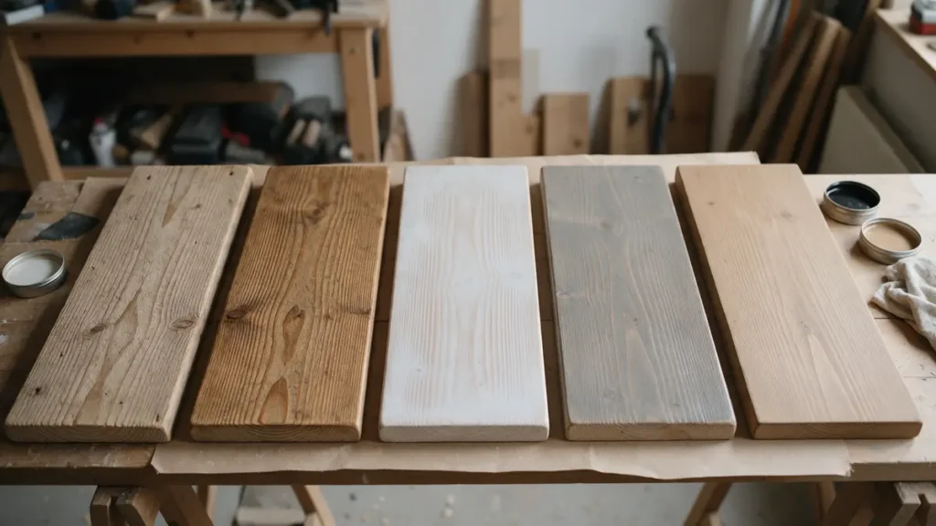 Vijf proefplankjes van steigerhout naast elkaar: onbehandeld, geolied, white wash, grey wash en gelakt