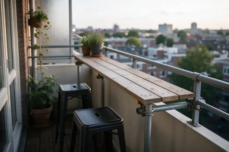 Smalle balkonbar van steigerhout met twee barkrukken