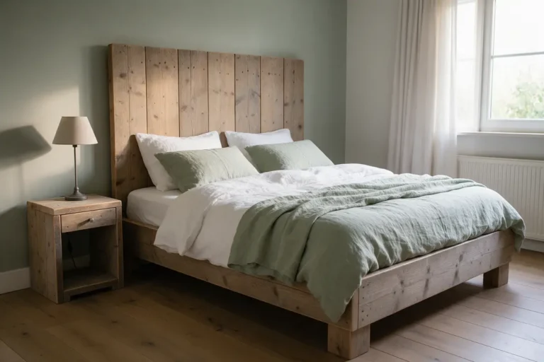 Tweepersoonsbed van steigerhout met hoofdbord in een slaapkamer