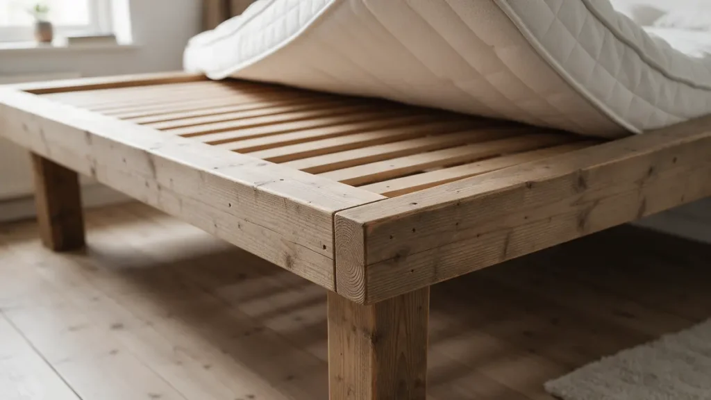 Detail van een steigerhouten bedframe met houten poot en lattenbodem onder een opgetild matras