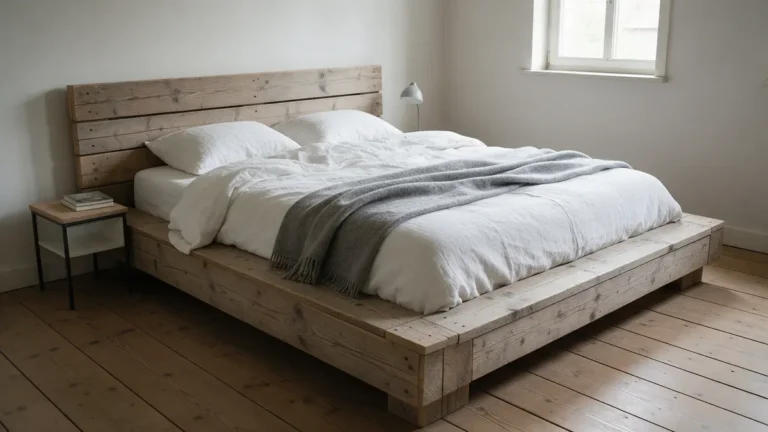 Steigerhouten tweepersoonsbed met hoofdbord in een lichte slaapkamer met wit beddengoed