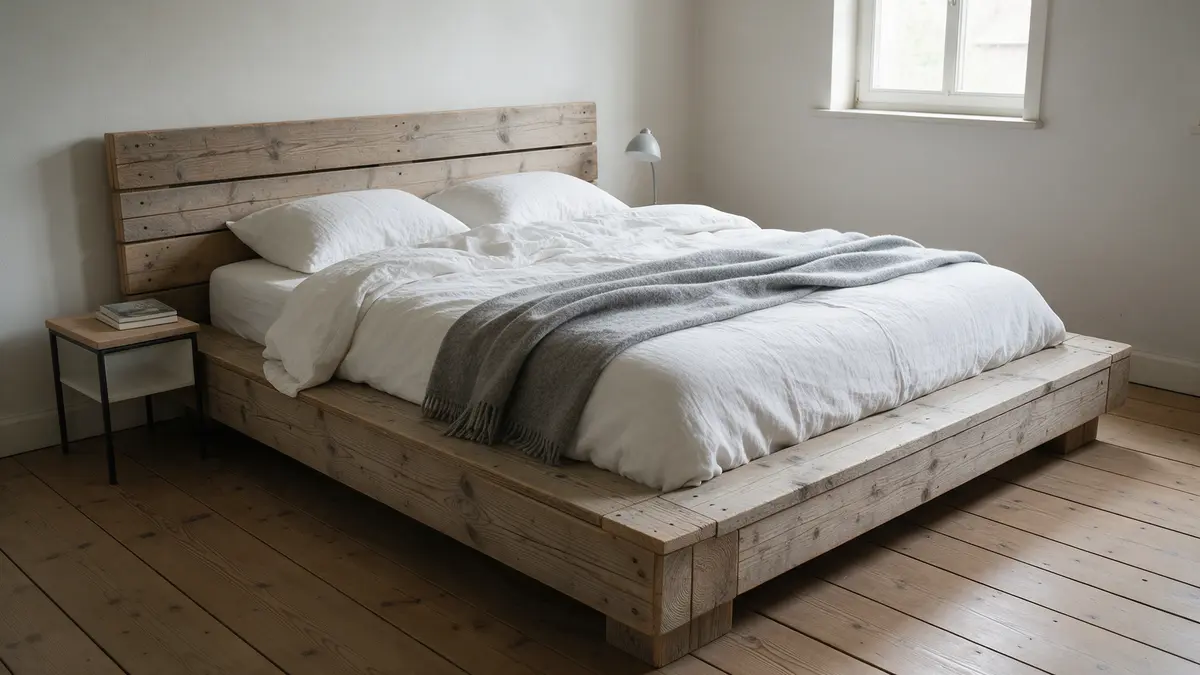 Steigerhouten tweepersoonsbed met hoofdbord in een lichte slaapkamer met wit beddengoed