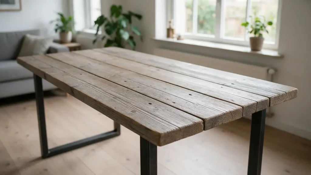 Eettafel van verweerd steigerhout met zwart stalen onderstel in een lichte woonkamer