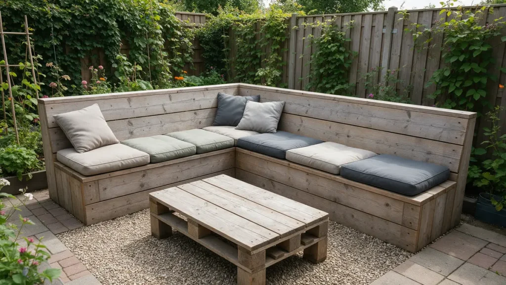 Steigerhouten hoekbank met grijze en groene buitenkussens en een lage houten tafel in een kleine tuin