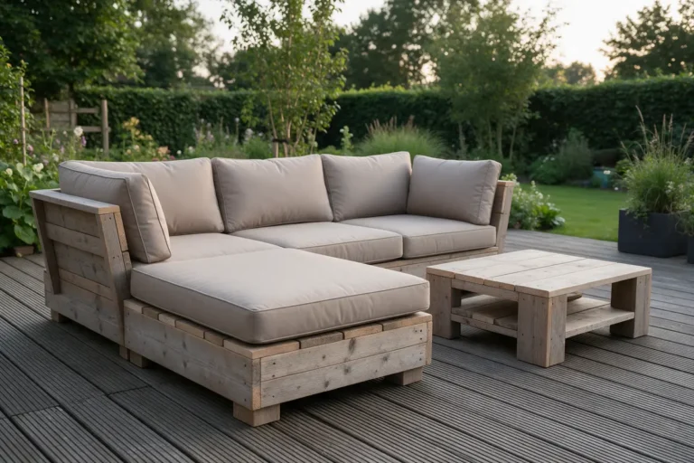 Steigerhouten loungeset met kussens in de tuin