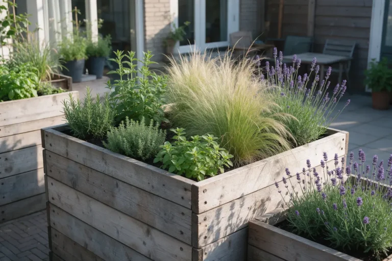 Plantenbakken van steigerhout met kruiden en grassen