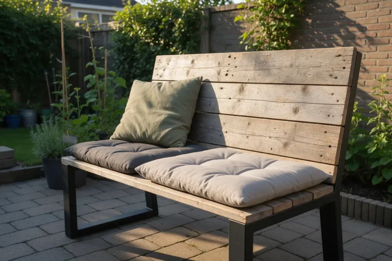 Steigerhouten tuinbank met kussens op een terras