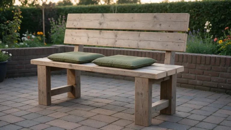 Steigerhouten tuinbank met rugleuning en groene kussens op een klinkerterras in de tuin