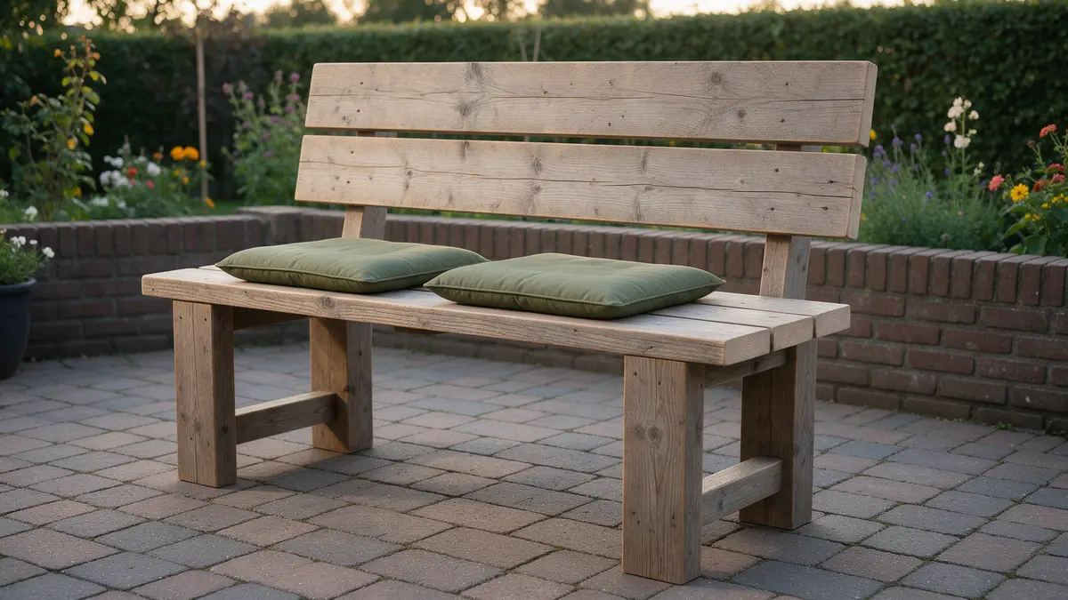 Steigerhouten tuinbank met rugleuning en groene kussens op een klinkerterras in de tuin