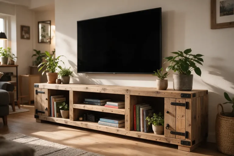 Laag tv-meubel van steigerhout in een woonkamer