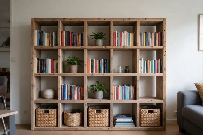 Open vakkenkast van steigerhout met boeken en planten