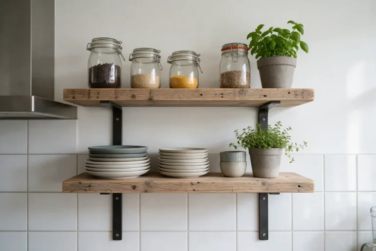 Steigerhouten wandplanken met zwarte plankdragers in een keuken