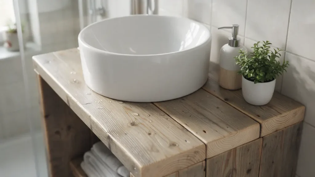 Detail van een steigerhouten wastafelmeubel met witte opzetkom, zeeppompje en plantje, waterdruppels op het blad