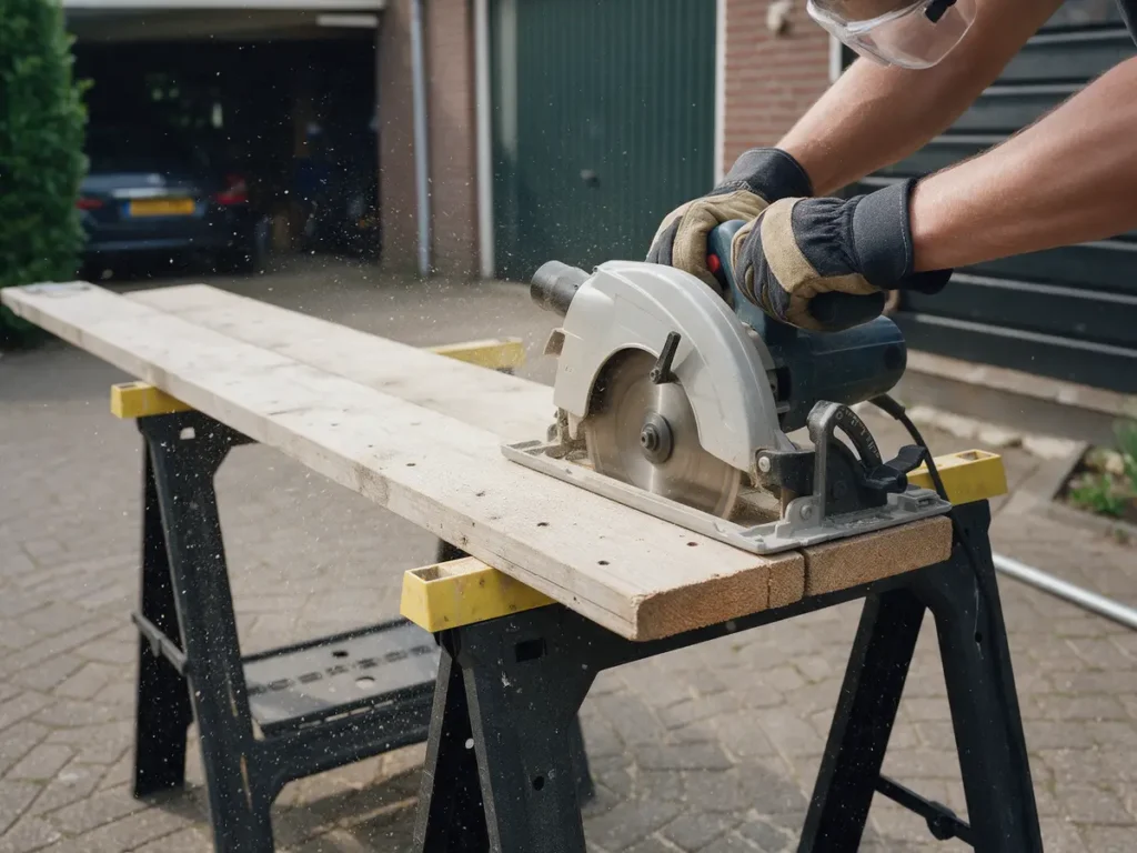 Steigerplank op maat zagen met een cirkelzaag op schragen