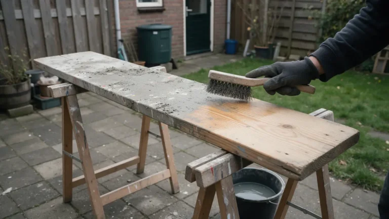 Gebruikte steigerplank op schragen in een achtertuin wordt met een staalborstel schoongemaakt, half met cementresten en half schoon