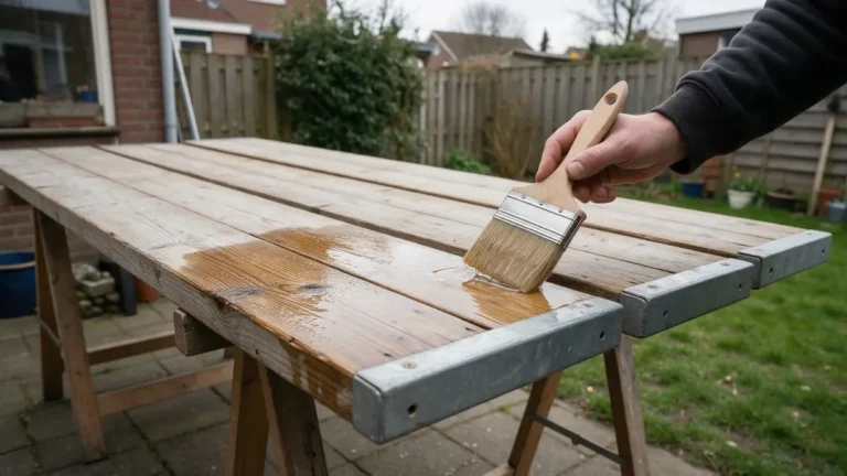Losse steigerplanken met kopbeslag op schragen in de tuin worden met een kwast geïmpregneerd