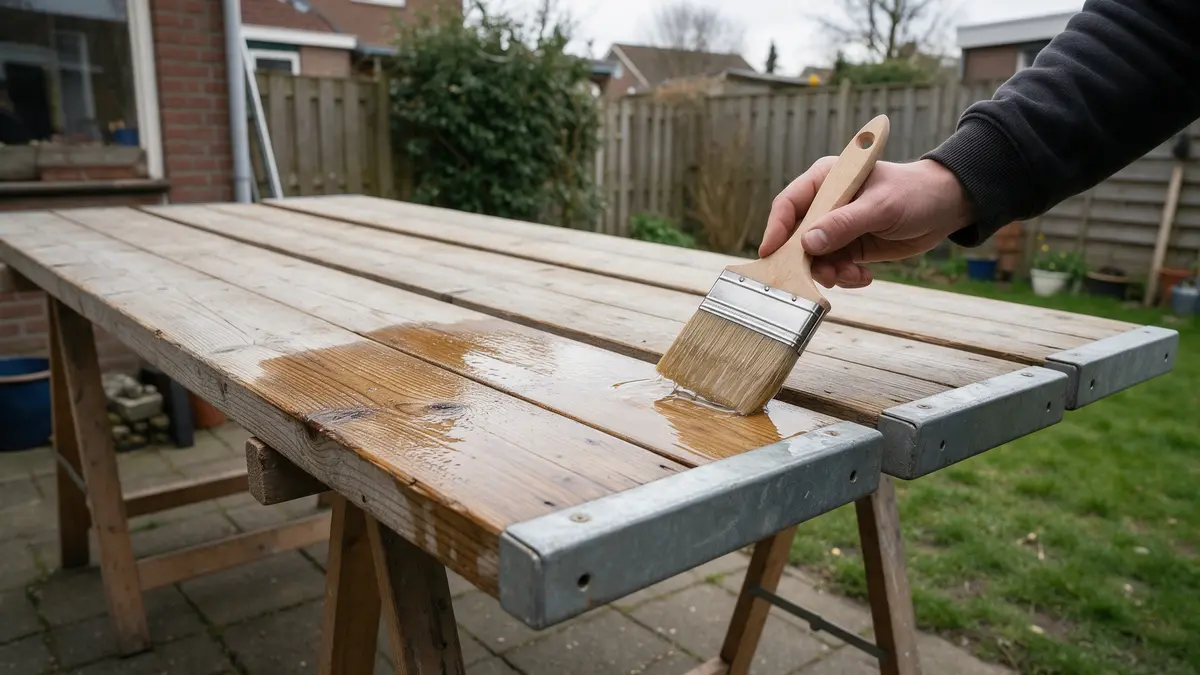 Losse steigerplanken met kopbeslag op schragen in de tuin worden met een kwast geïmpregneerd