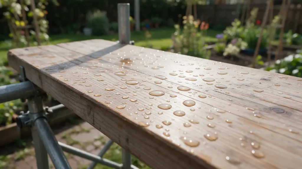 Waterdruppels parelen op een geïmpregneerde steigerplank in de tuin