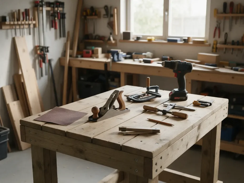 Werkbank met steigerhout, schuurpapier en gereedschap