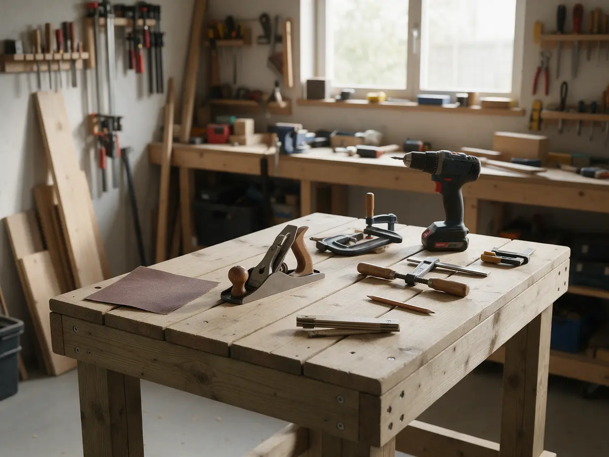 Werkbank met steigerhout, schuurpapier en gereedschap